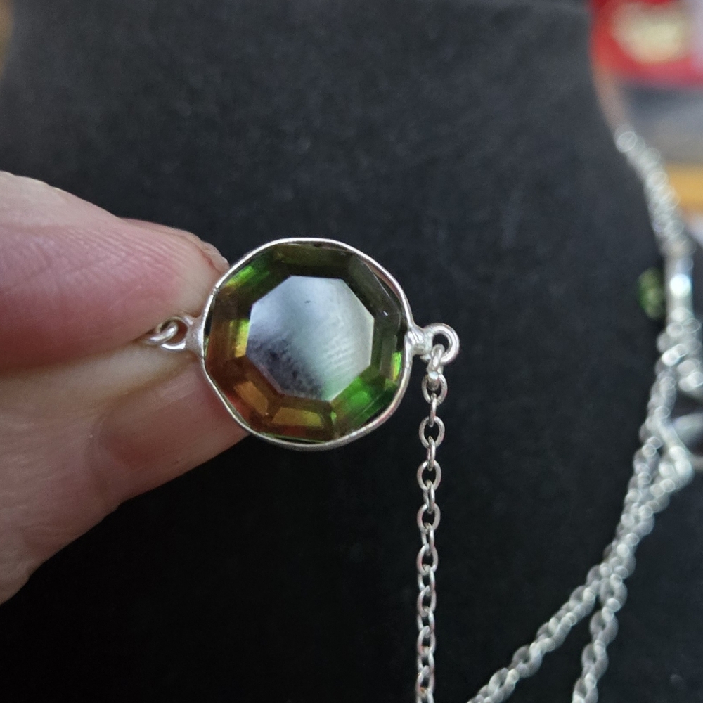 Watermelon tourmaline sterling silver diamond cut station necklace 18" - Picture 7 of 9